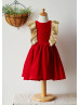 Ruffle Flutter Sleeves Red Velvet Gold Sequin V Back Flower Girl Dress